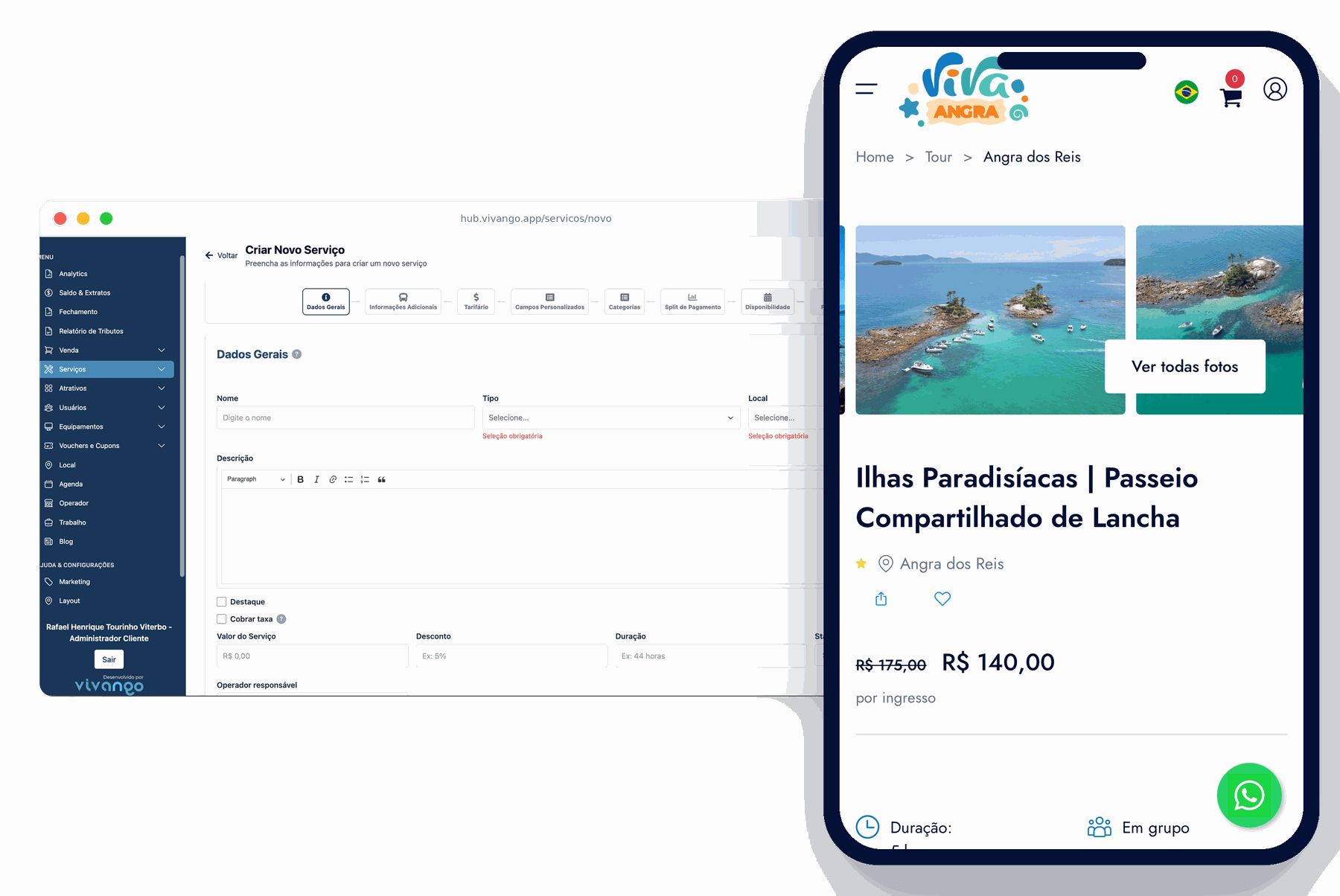 Painel de gestão do operador ao lado da página de venda do passeio no celular