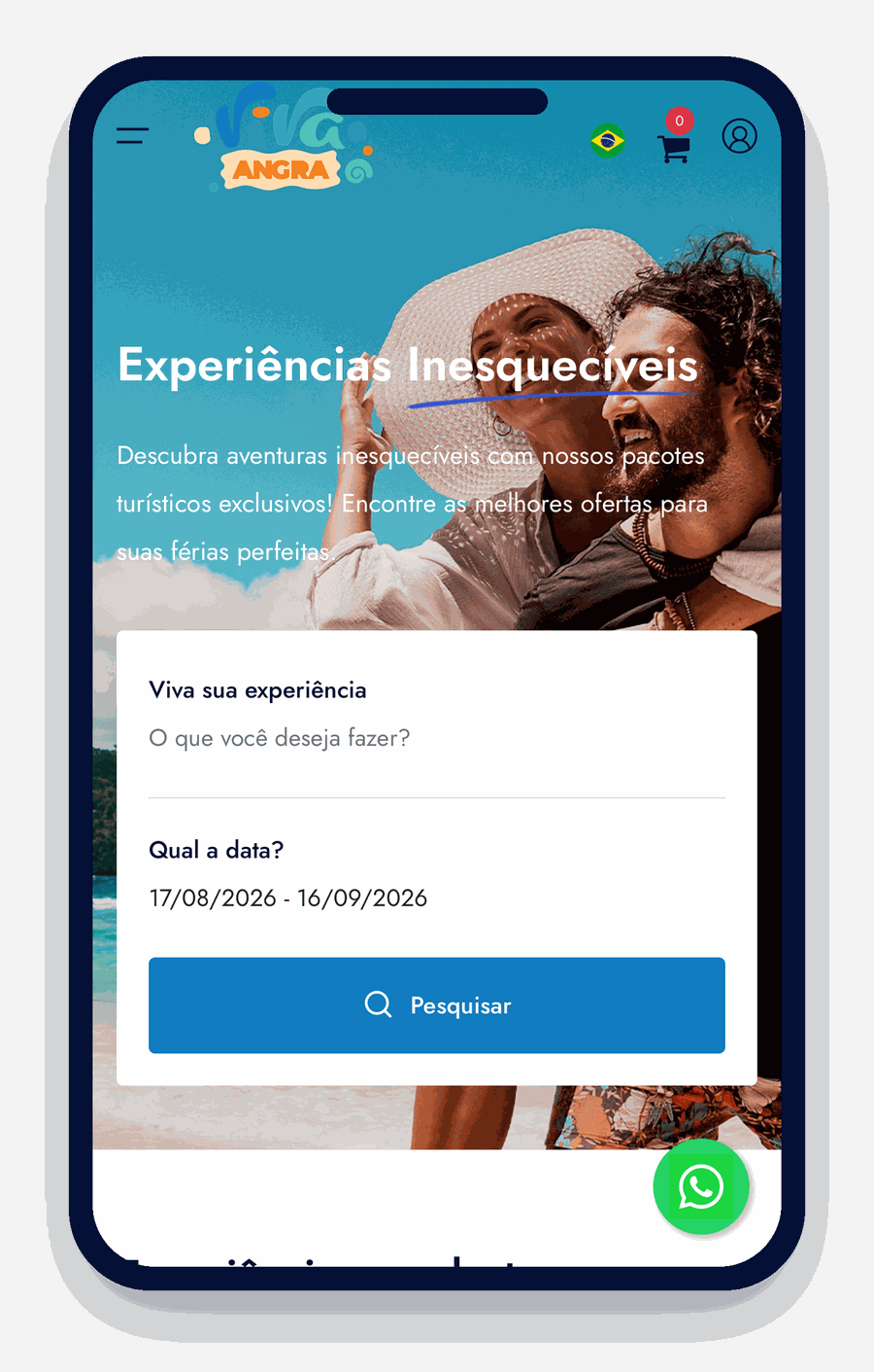Busca por experiência e data, direto na primeira tela
